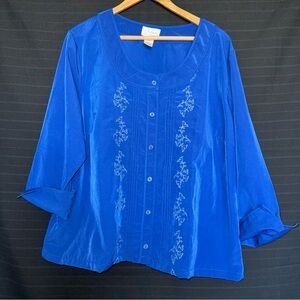 Chelsea Studio womens 3/4 sleeve blue pleated emboidered button up shirt top 2X